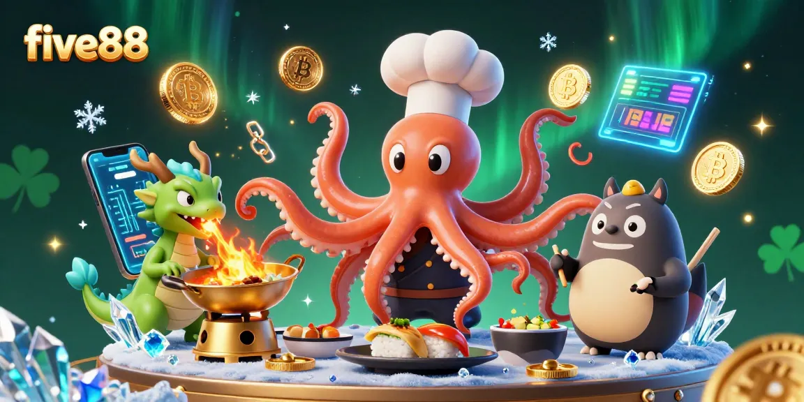 Engage with exciting five88 gameplay as the cartoon octopus chef prepares golden dishes in a vibrant casino scene.