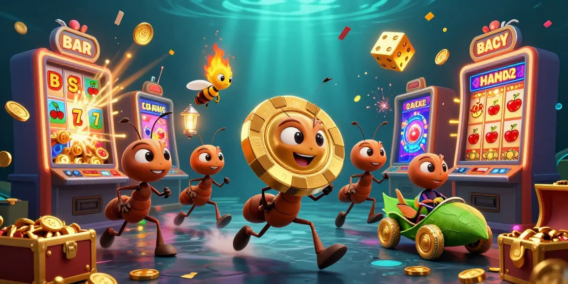 Experience the excitement of tx88 with ants carrying a giant poker chip amidst casino symbols and bursting jackpots.