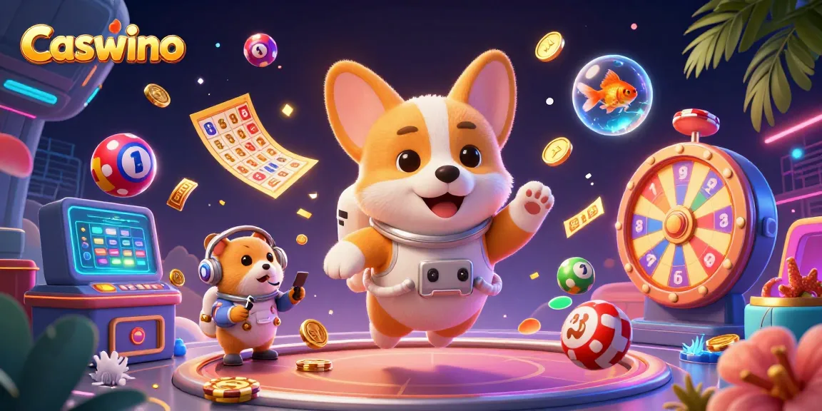 Caswino casino scene with a cartoon astronaut corgi and a mission-control hamster, immersed in a dynamic gambling environment.