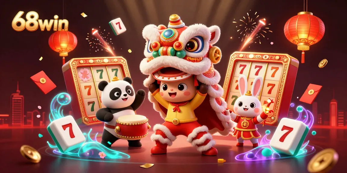 Engage in thrilling casino action with 68win as animated characters celebrate, showcasing colorful games and festive elements.