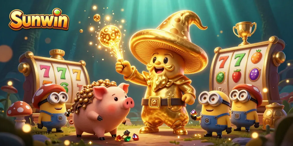 Sunwin enhances the gaming experience with an illustrative 3D scene showcasing slot reels and a magical mushroom wizard.