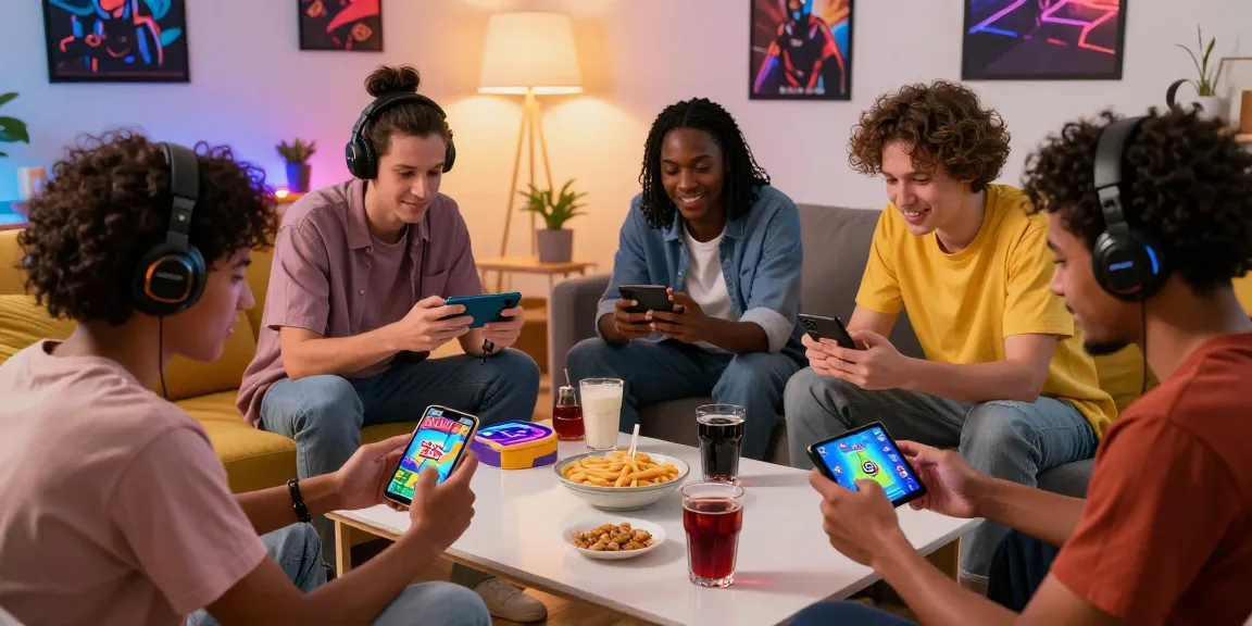 Friends enjoying Jai Club games at home with snacks and bright decor.