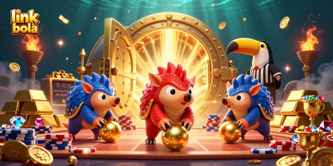 Engage with link judi bola through animated pangolins bowling in a casino themed scene.
