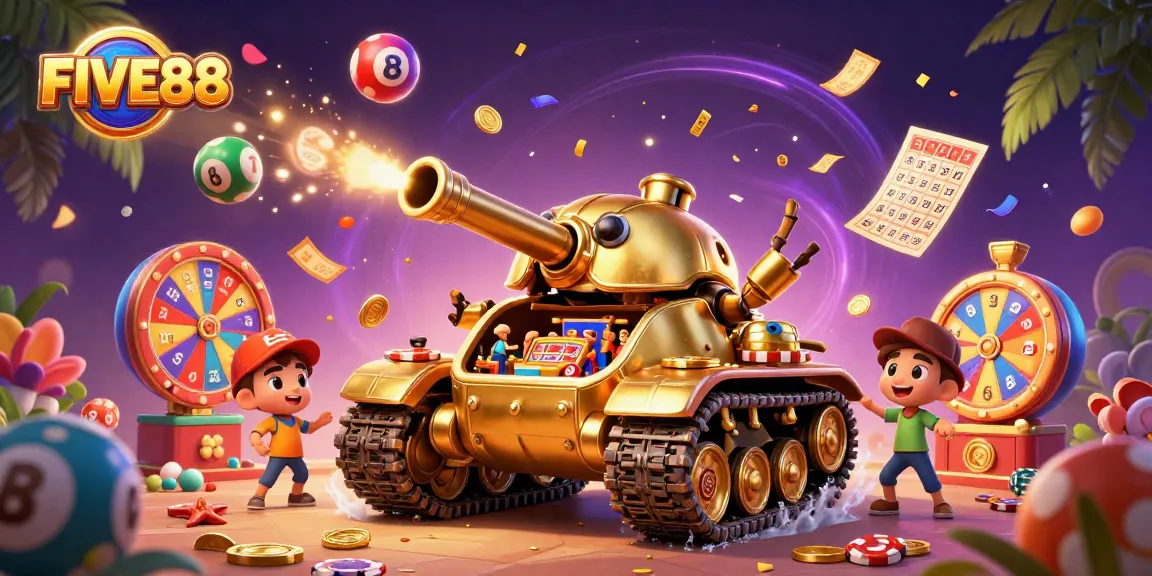 Experience excitement at FIVE88 with vibrant casino-themed 3D illustration filled with games and dynamic elements.