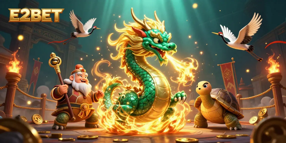 E2BET players win big with a vibrant casino scene featuring a dragon and lucky symbols.