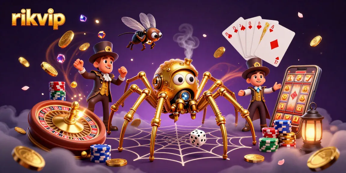 Experience the enchanting world of rikvip as a golden spider weaves a web of fortune in this captivating casino scene.