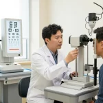 Ophthalmologist examining patient's eyes using Болорсолих advanced technologies in a modern eye clinic.