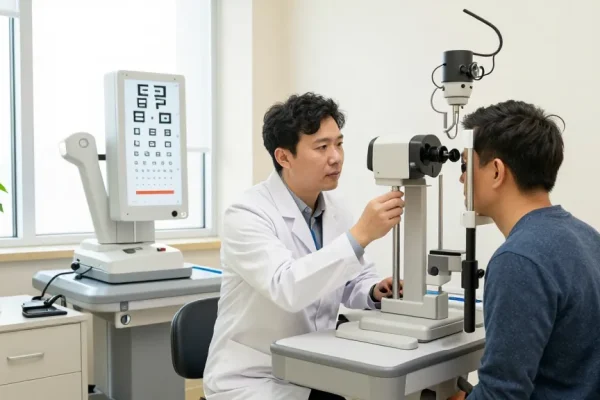 Ophthalmologist examining patient's eyes using Болорсолих advanced technologies in a modern eye clinic.