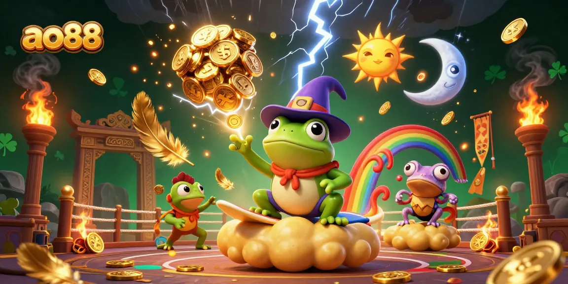 Experience the magic of ao88 with our 3D cartoon illustration showcasing a frog, chameleon, and casino elements.