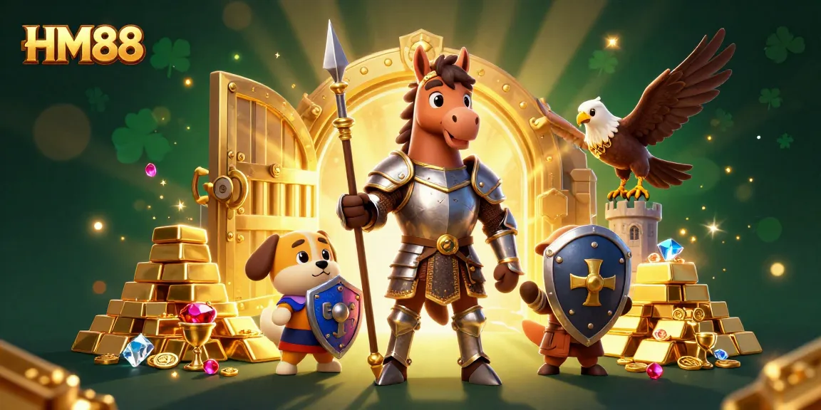 HM88 offers thrilling bets with treasures amidst a knight, puppy, and falcon in a rich casino scene.