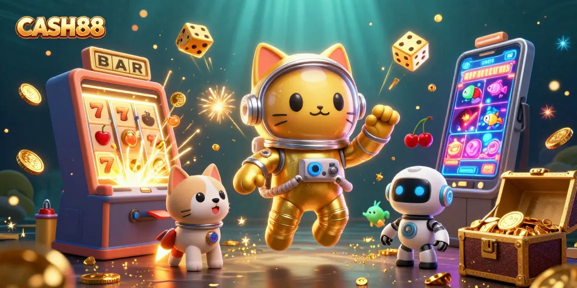 CASH88 engages players with vibrant slot excitement featuring a golden astronaut cat and robot dog.