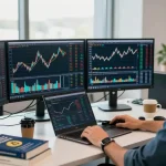 Профессиональный трейдер анализирует отзывы о BitMEX на экранах компьютера с графиками