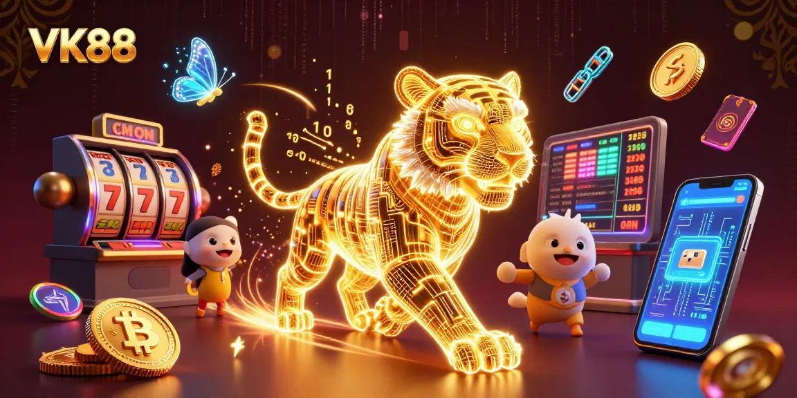 Experience thrilling action with VK88, represented by a luminous tiger in a vibrant digital casino.