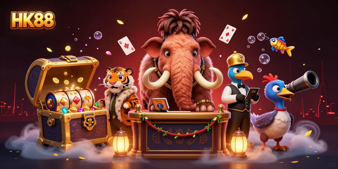 Experience thrilling gaming adventures at HK88 with a vibrant cartoon bouncer, VIP saber-toothed tiger, and dodo bird doorman.