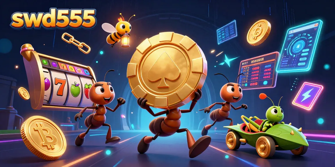 Menangkan jackpot di slot dengan swd555, tim semut mencuri chip emas dalam ilustrasi 3D.