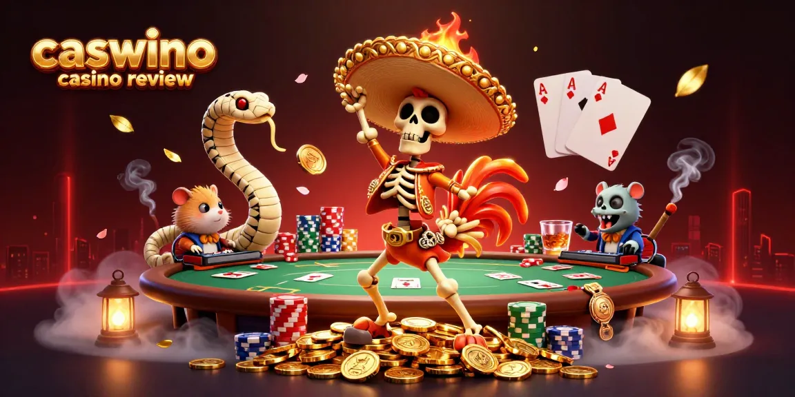 The Caswino Casino Review showcases a vibrant 3D illustration with characters celebrating around a poker table.