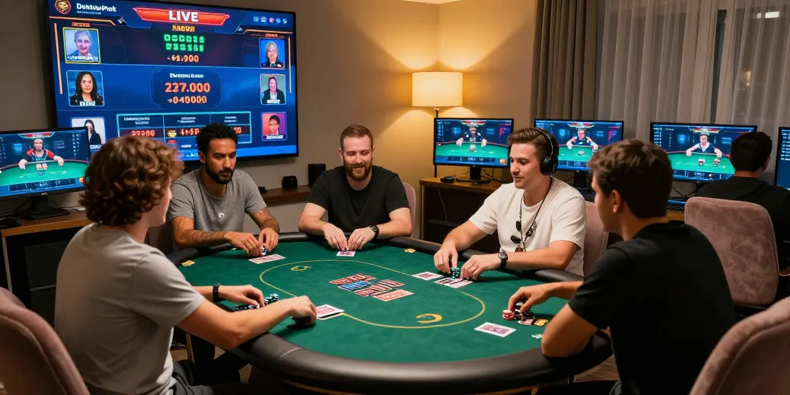 Dewapoker Live Jackpot celebration at a virtual poker game, diverse players engaged and excited in a modern gaming setup.