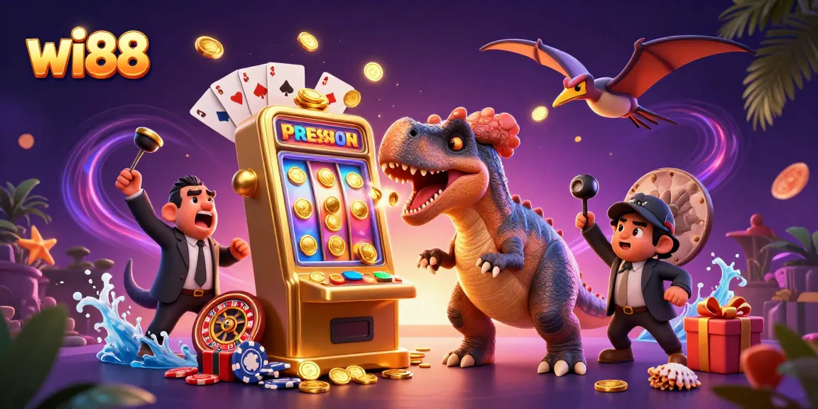 wi88 captures excitement as a dinosaur heads into a jackpot win while chaos unfolds in a bustling casino.