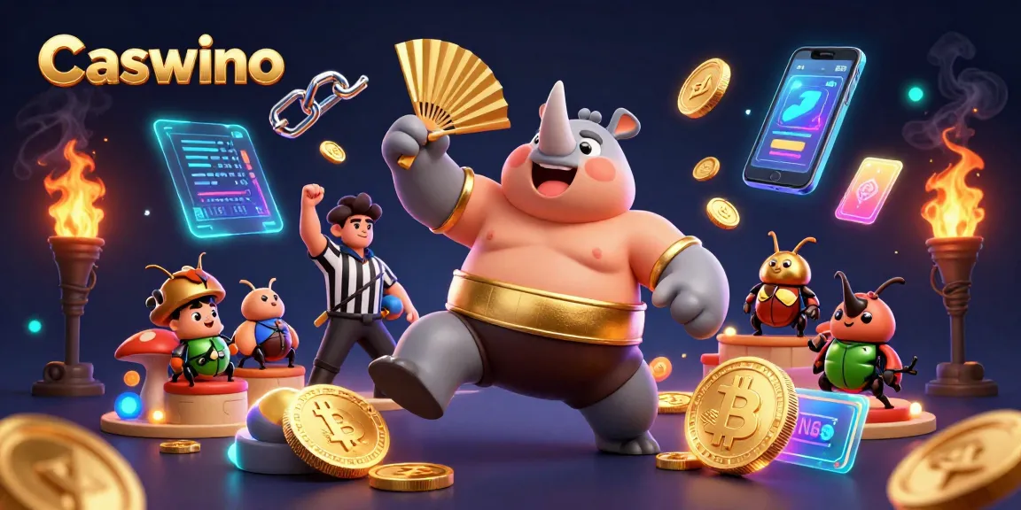 Experience the excitement of Caswino with a vibrant scene featuring unique characters and glowing crypto elements.