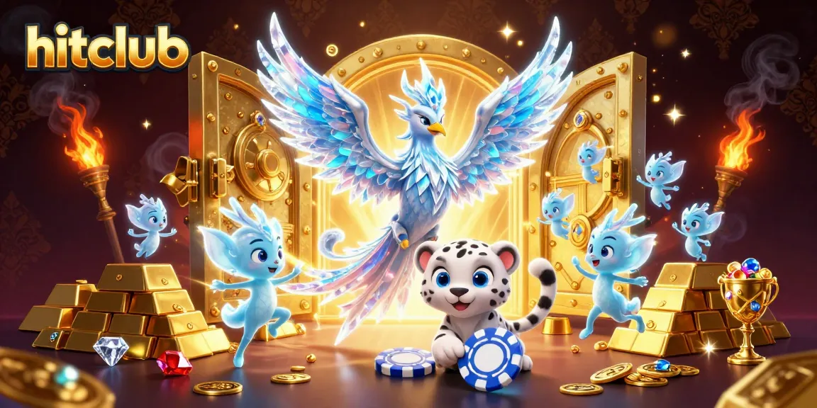 Experience jackpot excitement at hitclub with ice phoenix and snow leopard in a dazzling gaming scene.