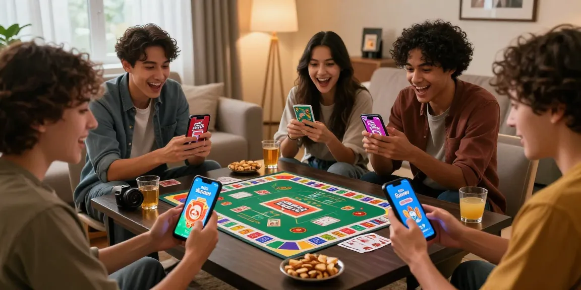 Friends enjoying Card Rummy app link on smartphones in a cozy gaming environment, showcasing excitement and connection.