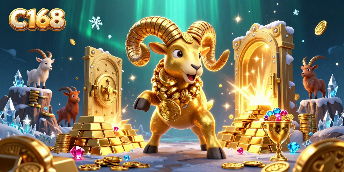 C168 engages players with a 3D scene of winning treasures amid animated casino excitement.