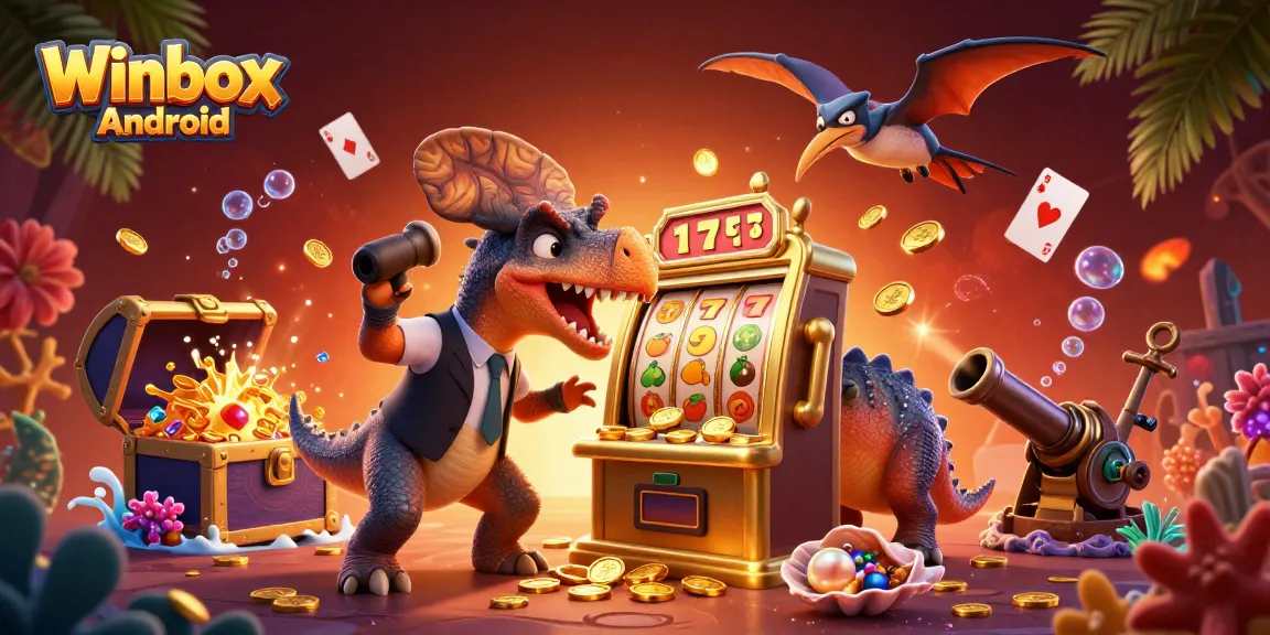 Winbox Android illustrates a pachycephalosaurus winning coins at a slot machine amidst vibrant casino elements.