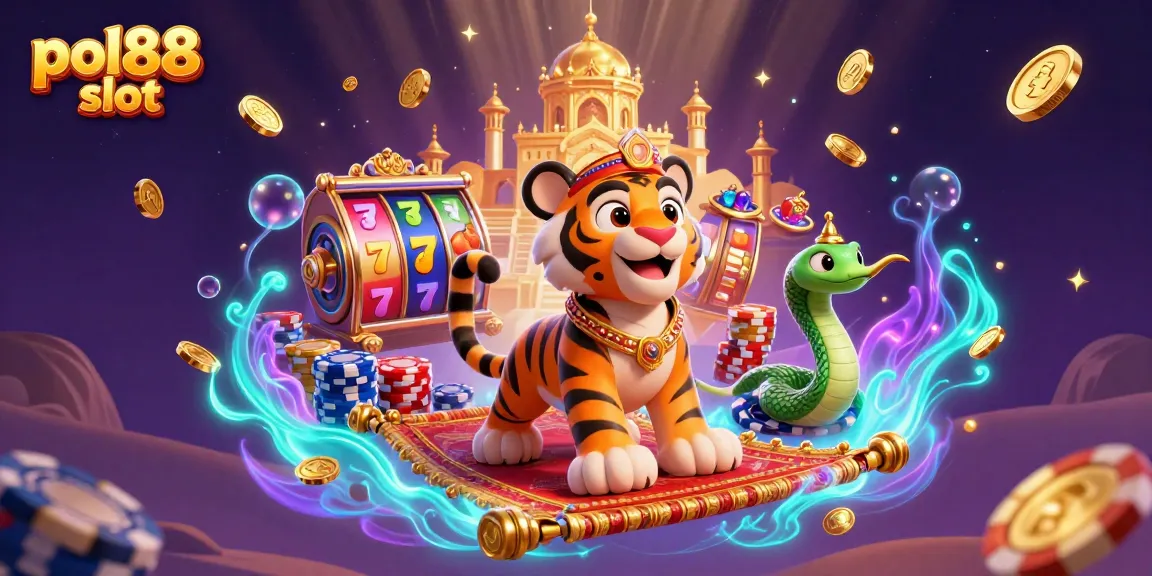 Mainkan pol88 slot dengan gambar sultan harian di karpet terbang membawa jackpot dan permata.