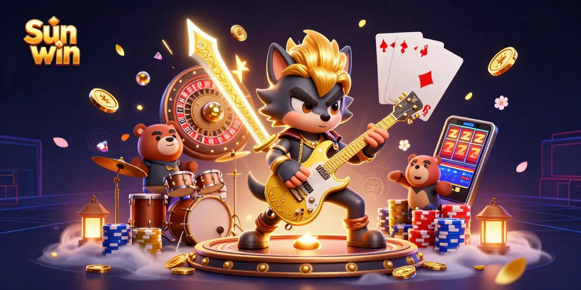 Experience the thrill of Sun win with a dynamic casino scene featuring 3D characters amidst flying coins and roulette.