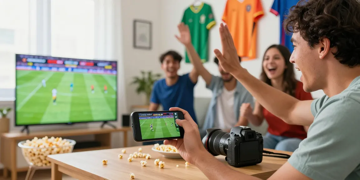 Watch highlights on ihdsports.com during live football matches with friends in a lively home setting.