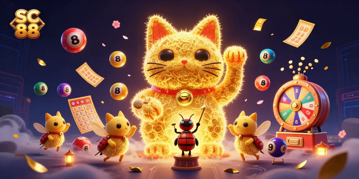 SC88 offers a vibrant casino experience with a lucky cat and glowing lottery elements in an ultra-detailed scene.