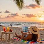 Pengunjung pantai Miami menikmati sore dengan buku panduan di https://miami4d.com/ dan minuman tropis, suasana santai.