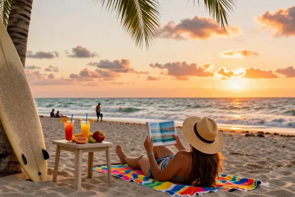 Pengunjung pantai Miami menikmati sore dengan buku panduan di https://miami4d.com/ dan minuman tropis, suasana santai.