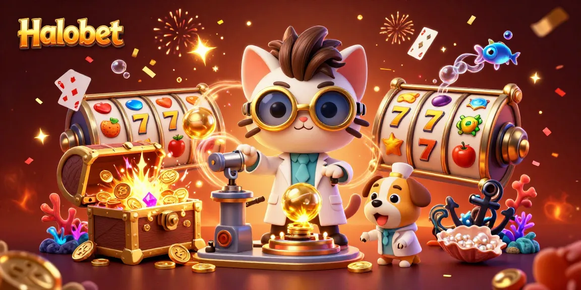 Experience Halobet's exciting slots with a mad scientist cat and vibrant casino elements.