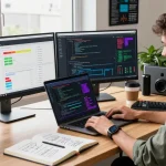 Developer coding intensely on dual monitors in a vibrant tech workspace showing slot production metrics.