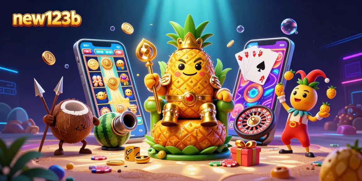 Win big with new123b at this energetic beach casino featuring a pineapple king and game elements.