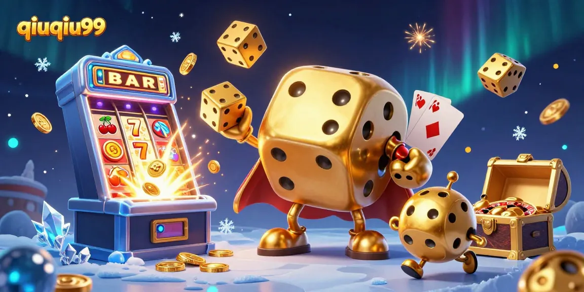 Engage with qiuqiu99's dynamic casino scene featuring a golden dice golem and jackpot thrills.