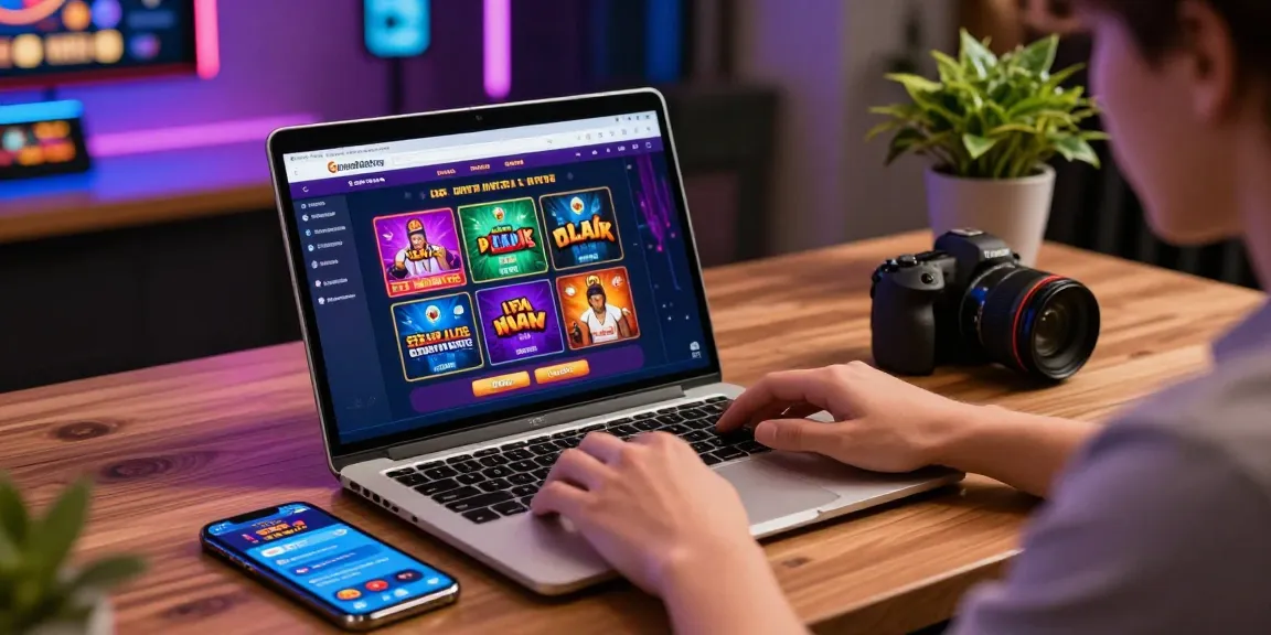 Engaging scene of a user exploring Grandbetting online casino experience on a laptop in a vibrant setting.