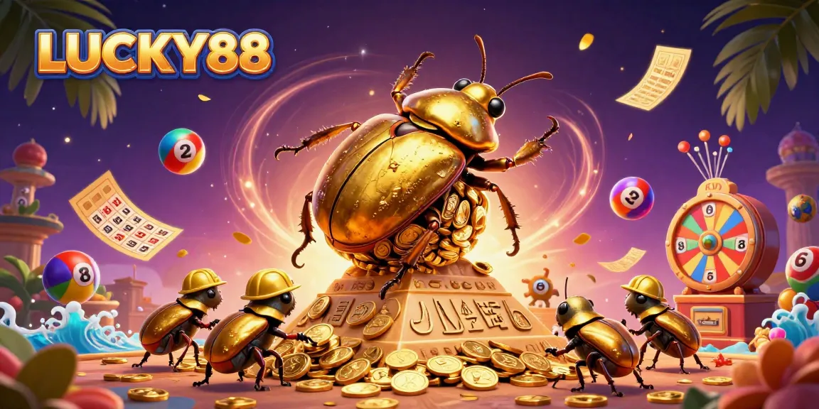 Engage with LUCKY88's dynamic lottery gaming scene featuring golden beetles rolling coin balls.