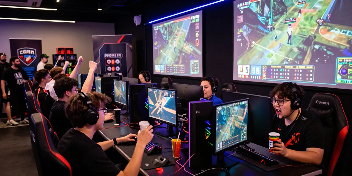 Gamers engaging in a hitclub esports tournament with intense gameplay, cheering crowds, and vibrant LED lighting.