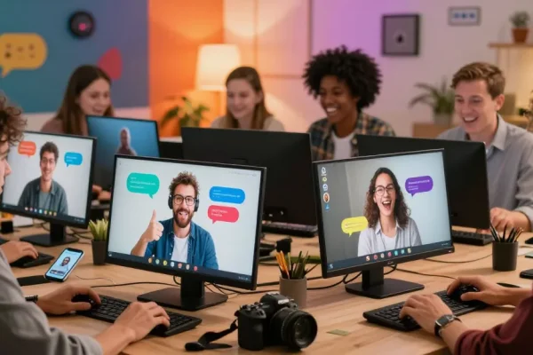 Engaging scene of online users chatting on شات فله platform, showcasing vibrant conversations and community