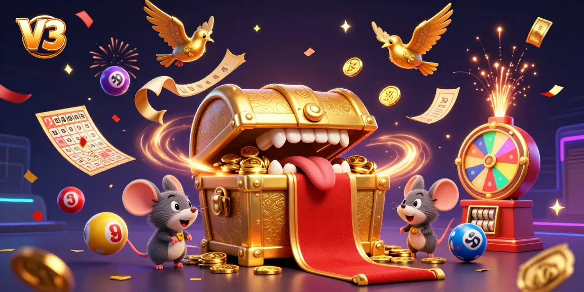 V3 gaming treasure chest enticing adventurer mice with lottery balls, bingo cards, and spins.