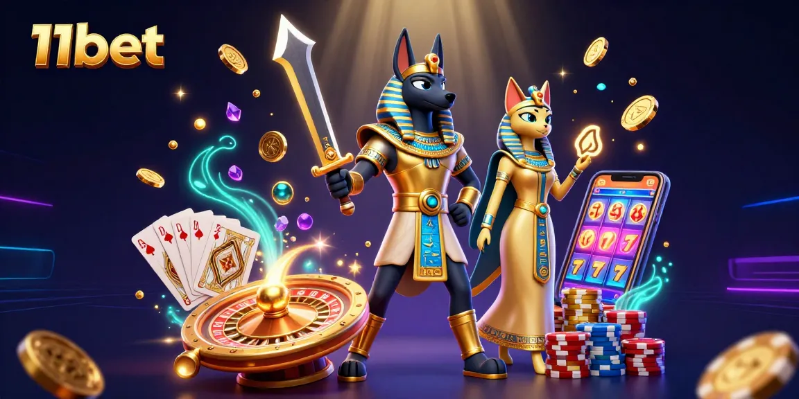 Engage in thrilling gameplay with 11bet's 3D casino artwork showcasing Anubis and Bastet.