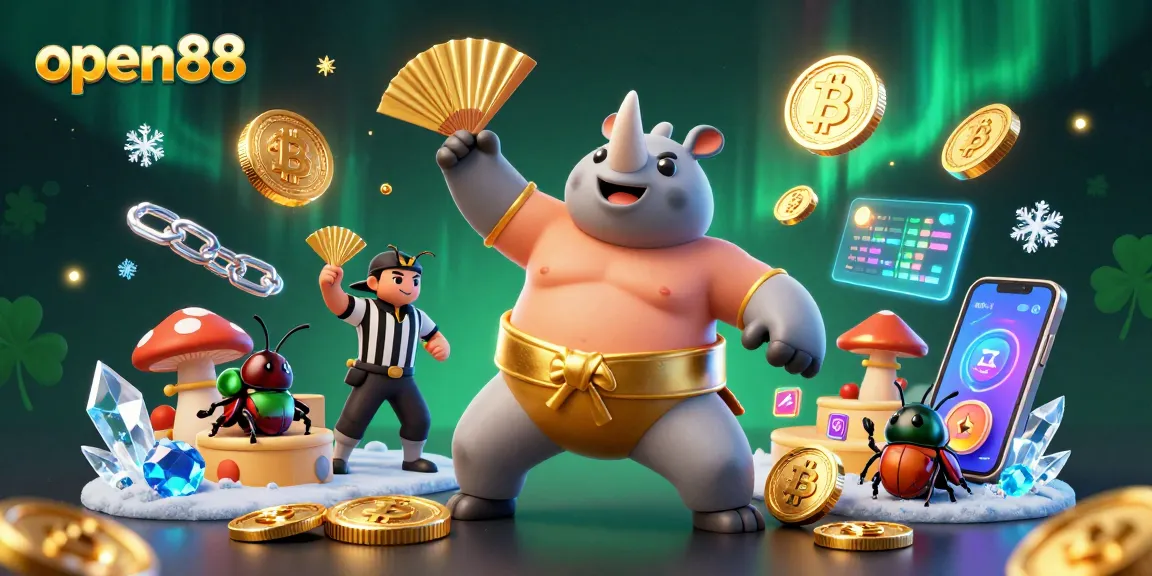 Experience the thrilling open88 casino action with a vibrant 3D beetle sumo champion and flying coins.
