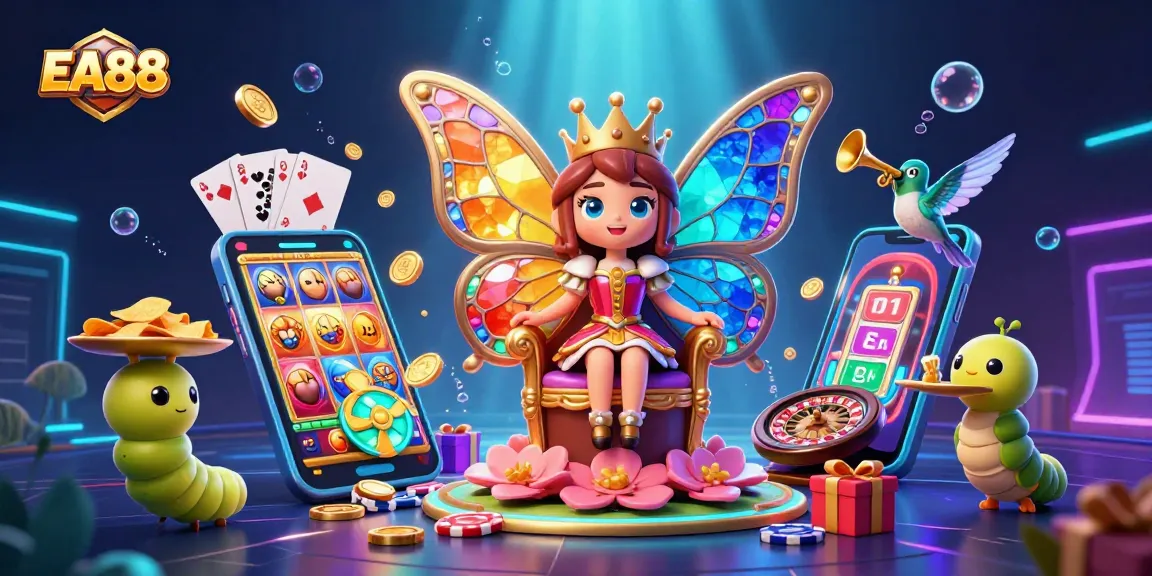 Join the gaming excitement with EA88 as the butterfly queen and her entourage celebrate winnings.