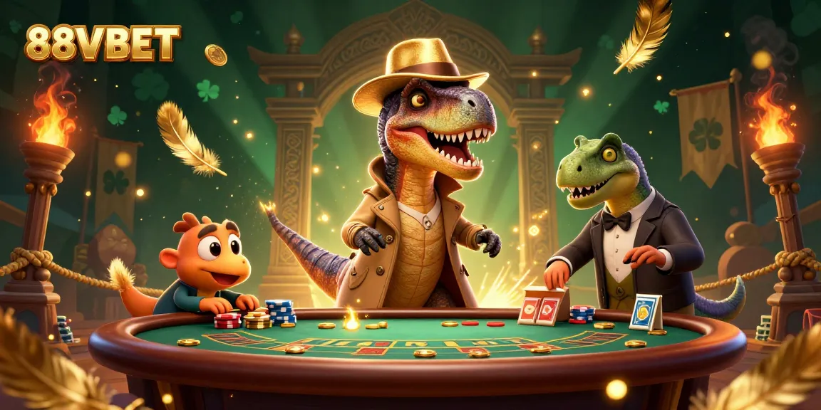 Experience thrilling gameplay with 88VBET's cartoon velociraptor at a blackjack table, amidst vibrant casino elements.