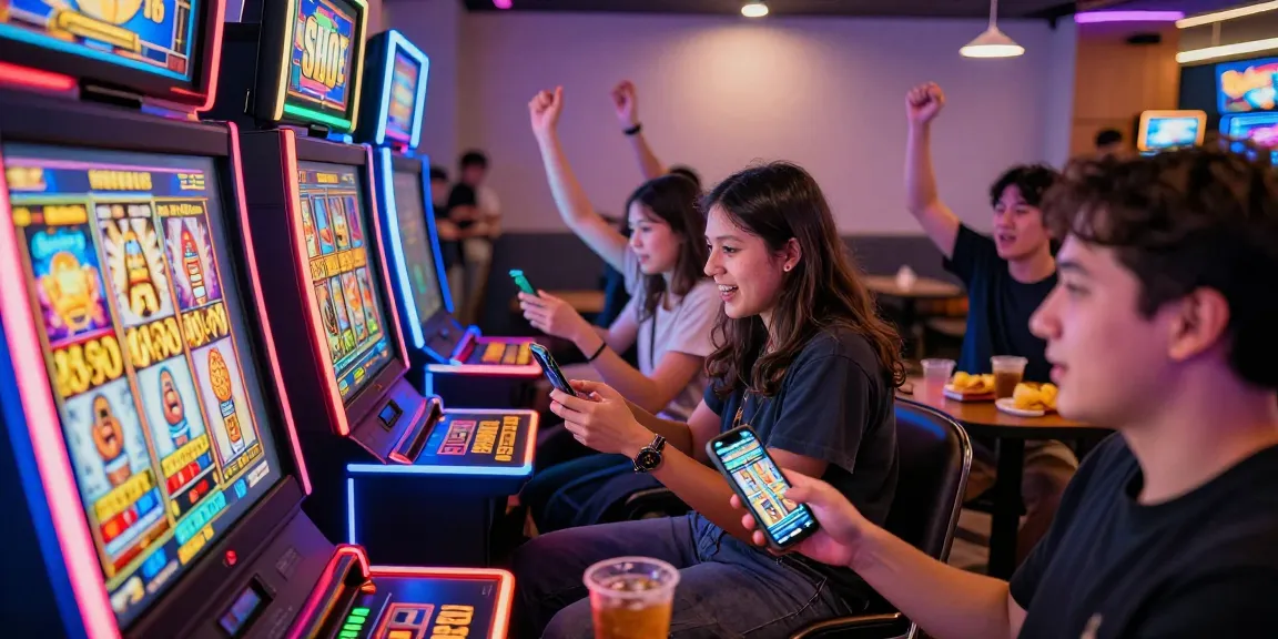 Players enjoying an online game on the Slots PK app, surrounded by vibrant gaming graphics and a lively environment.