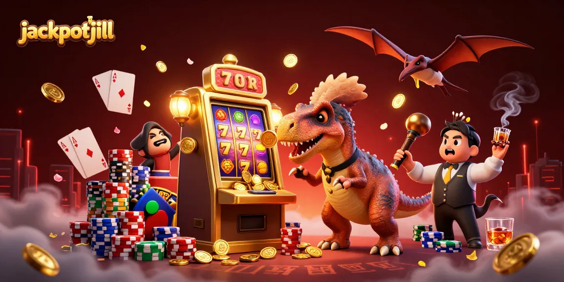 Jackpotjill's pachycephalosaurus celebrating a massive payout at a vibrant casino scene.