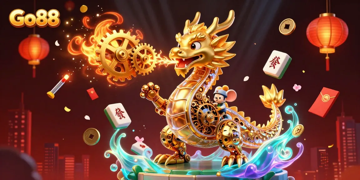 Engage with Go88's vibrant 3D scene featuring a golden dragon and game elements, highlighting casino excitement.