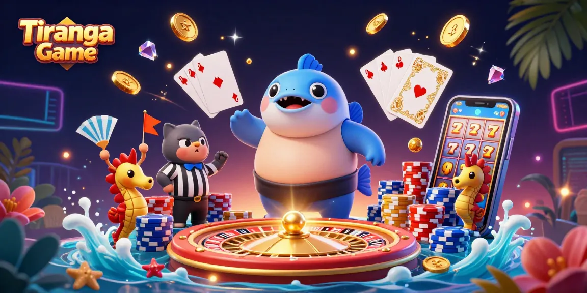 Tiranga Game showcases thrilling gambling action through vibrant 3D illustrations of a fugu, catfish, and colorful casino elements